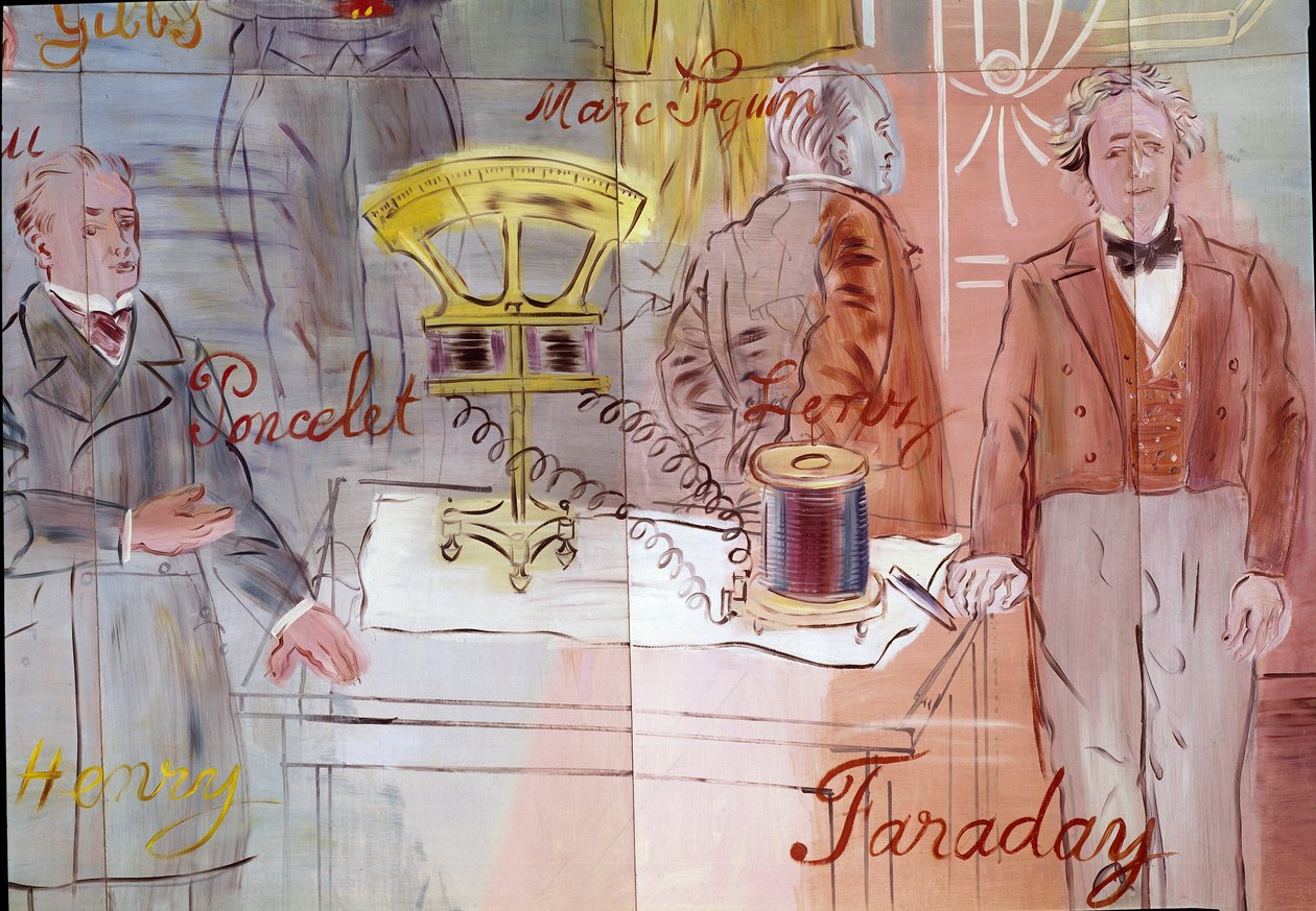 La Fee Electricite, pormenor: Retratos de Jean Victor Poncelet, Marc Seguin, Michael Faraday. 1937 (pintura) de Raoul Dufy