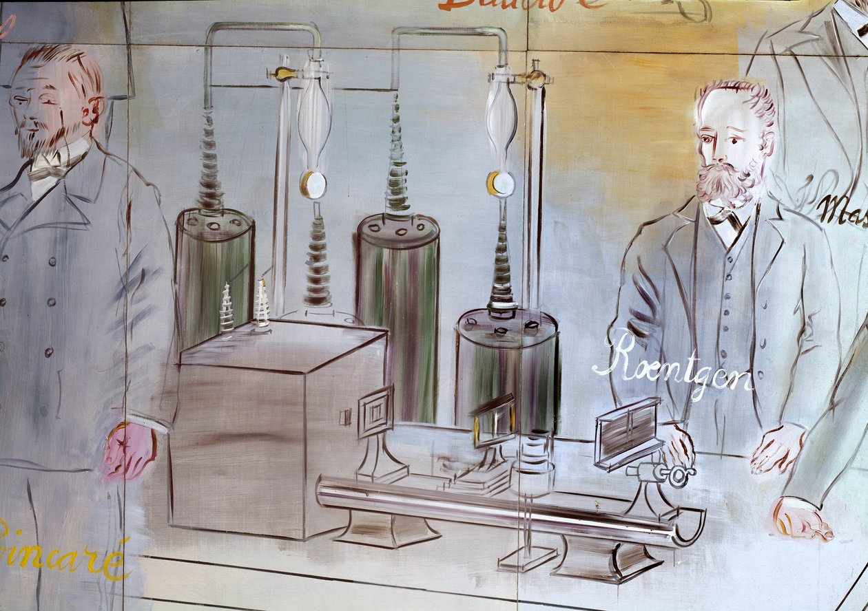 La Fee Electricite, pormenor: Retratos de Wilhelm Conrad Rontgen (1845-1923), físico alemão.1937 (pintura) de Raoul Dufy