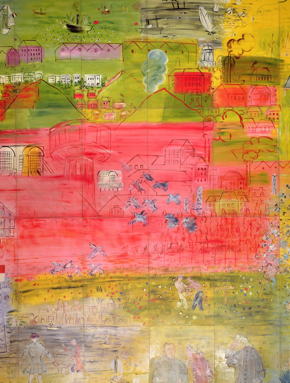 La Fee Electricite, pormenor do lado direito representando um porto e fábricas de Raoul Dufy