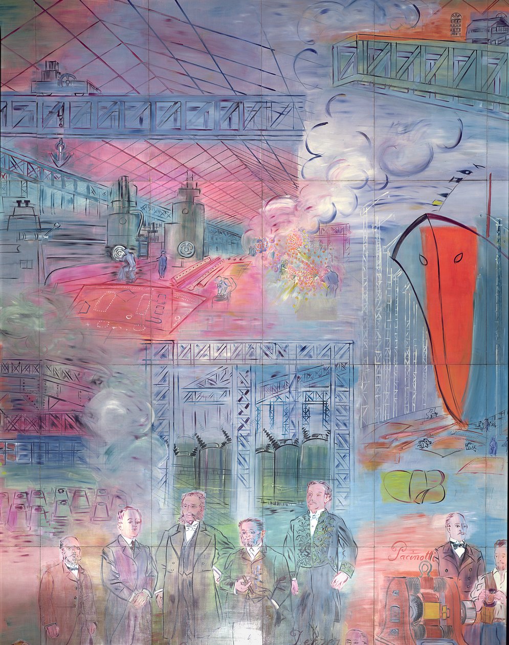 La Fee Electricite, pormenor do lado esquerdo representando a indústria do ferro e do aço de Raoul Dufy