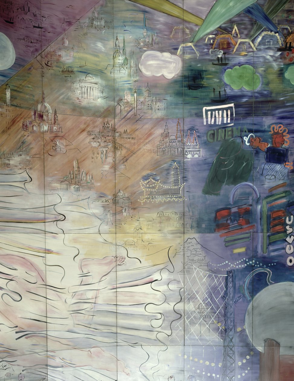 La Fee Electricite, pormenor do lado esquerdo representando várias cidades de Raoul Dufy