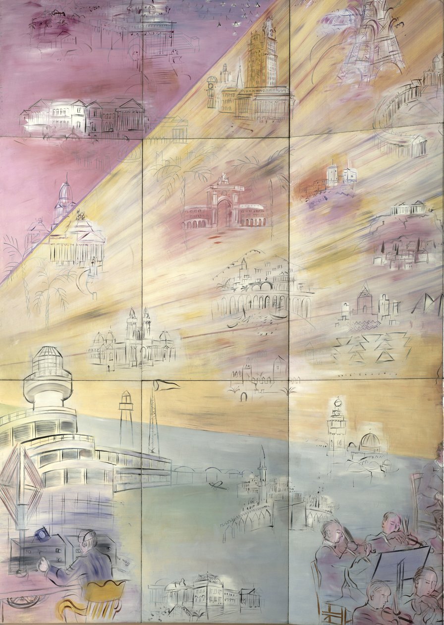 La Fee Electricite, pormenor do lado esquerdo representando várias cidades de Raoul Dufy
