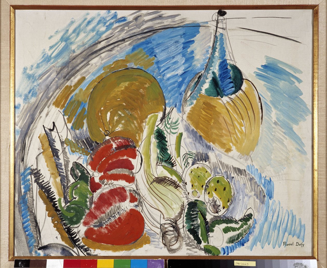 Natureza morta de frutas, legumes e uma garrafa de vinho numa mesa de Raoul Dufy