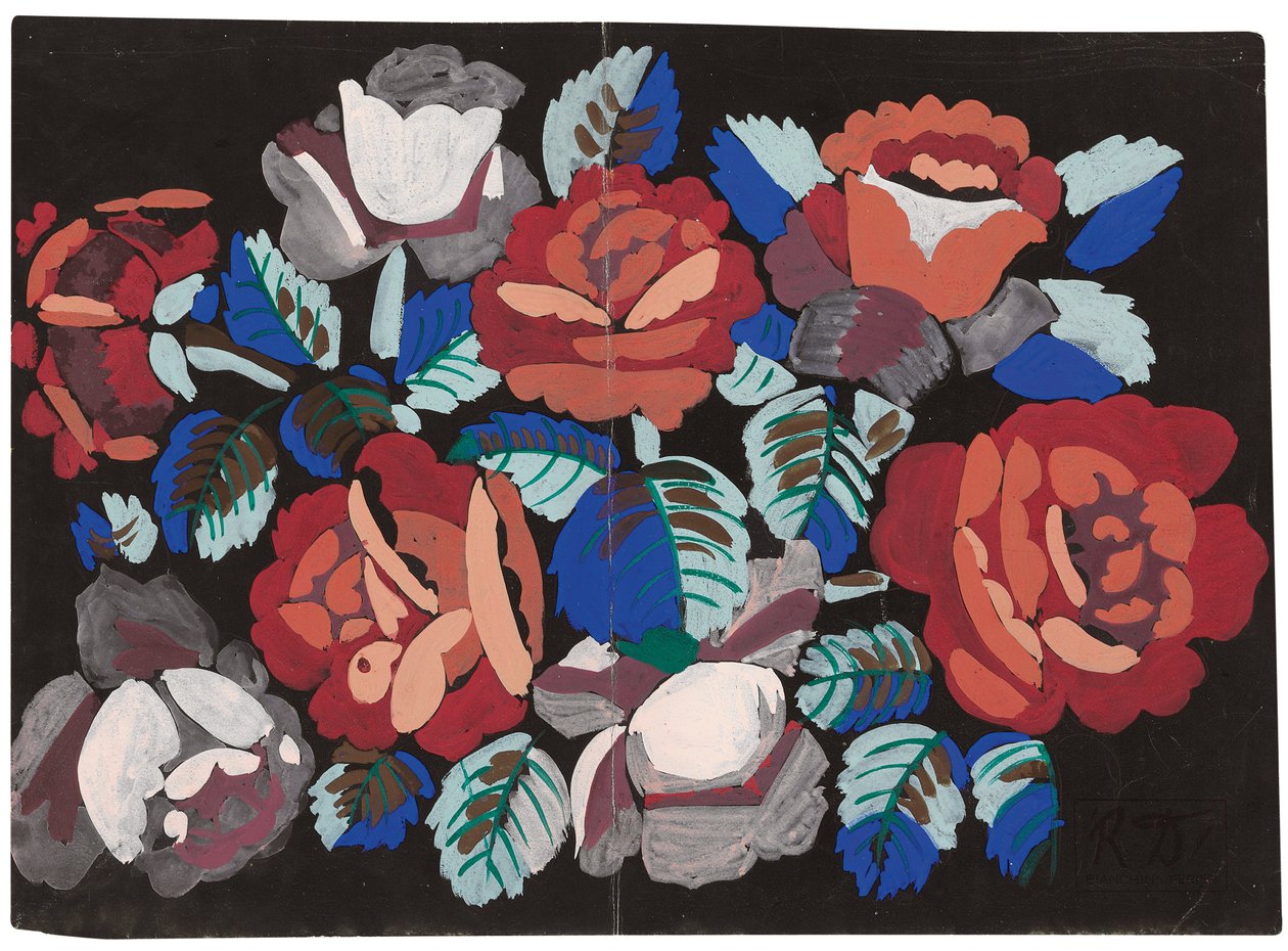 Rosas vermelhas e cor-de-rosa (guache sobre papel preto) de Raoul Dufy