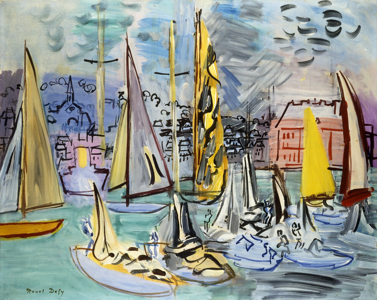 Barcos à vela no porto de Deauville; Voiliers dans le Port de Deauville de Raoul Dufy