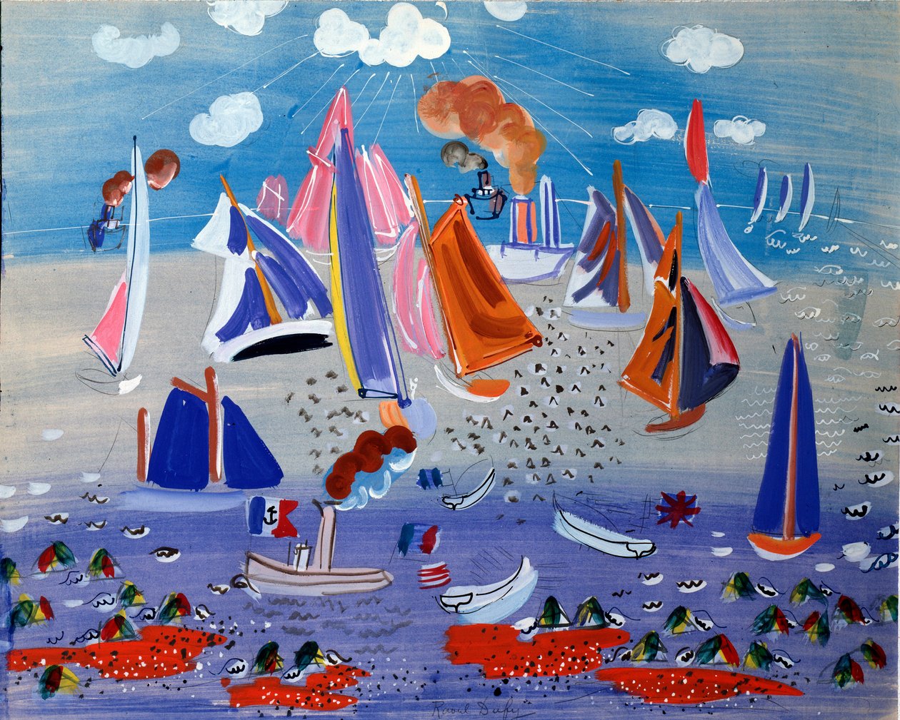 Mar e barcos - Guache sobre papel, c.1930 de Raoul Dufy