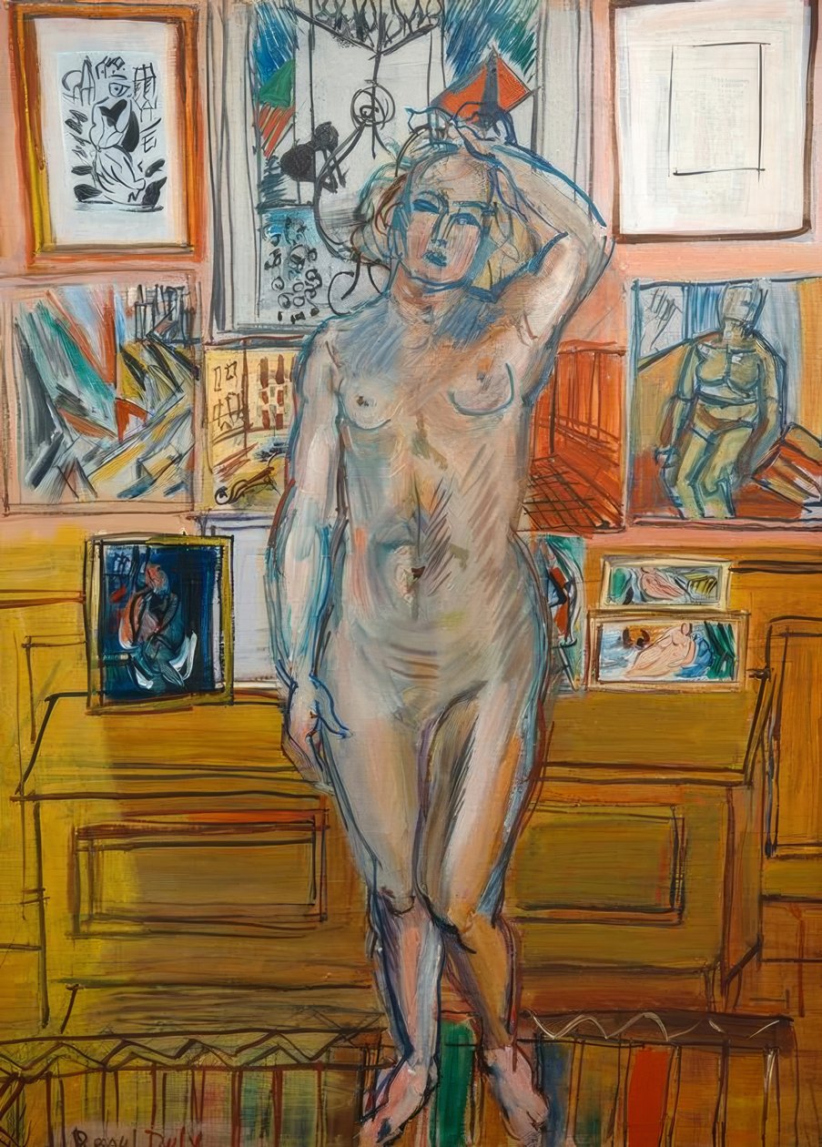 Nu em pé sobre quadros de Raoul Dufy