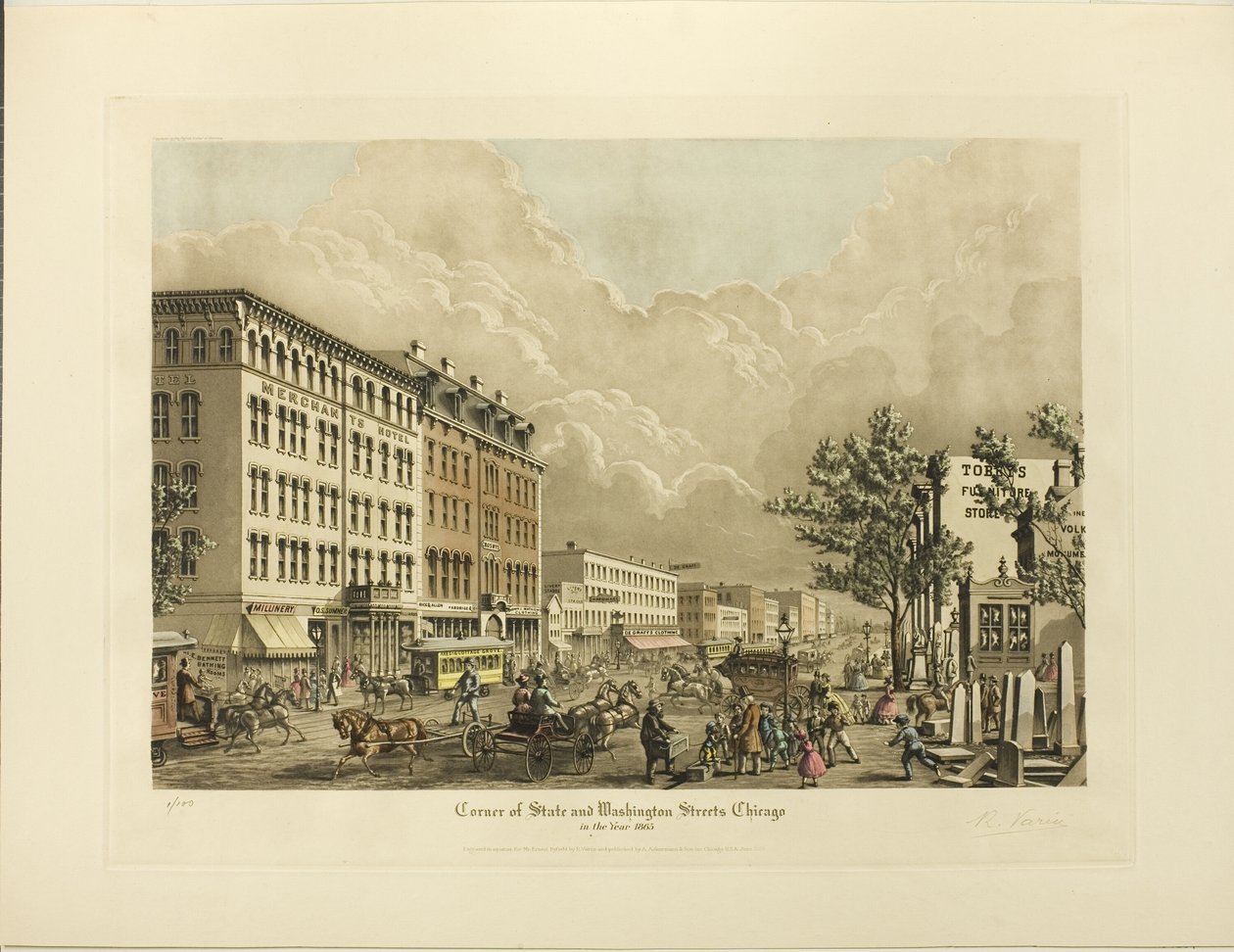 Corner of State e Washington Streets, Chicago, no ano de 1865 de Raoul Varin