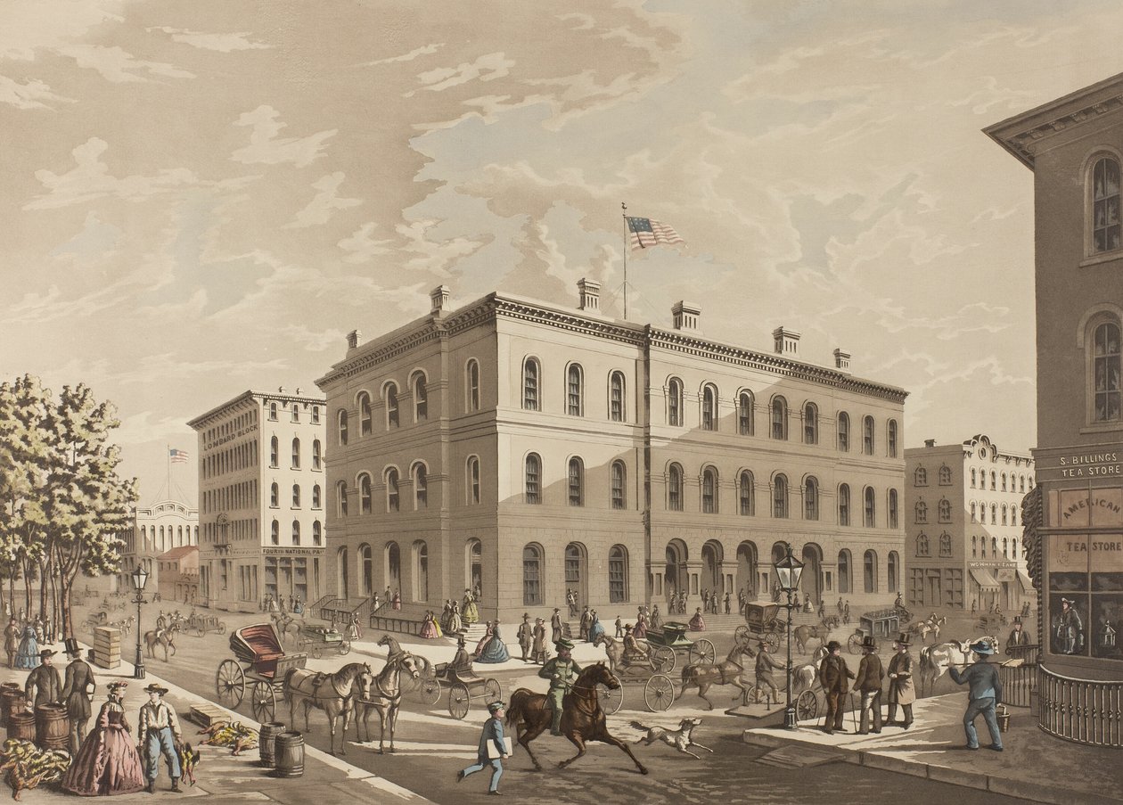 N.W. Esquina das ruas Dearborn e Monroe, Chicago, mostrando o prédio dos correios no ano de 1865 de Raoul Varin