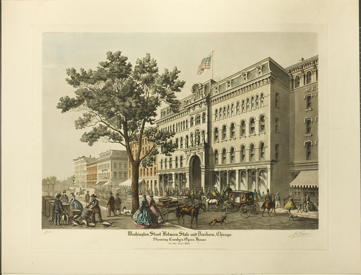 Washington Street entre State e Dearborn, Chicago, mostrando a Opera House de Crosby no ano de 1864 de Raoul Varin