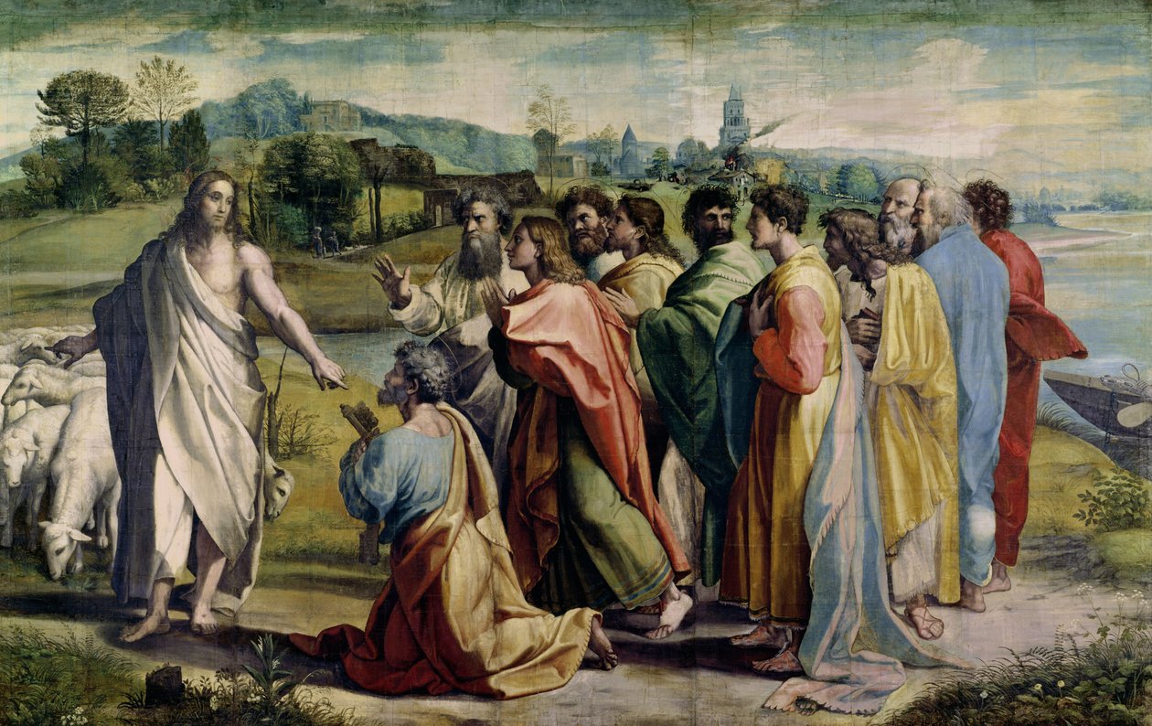 Carga de Cristo a São Pedro (desenho para a Capela Sistina) (PRÉ-RESTAURAÇÃO) de Raffaello Sanzio Raphael