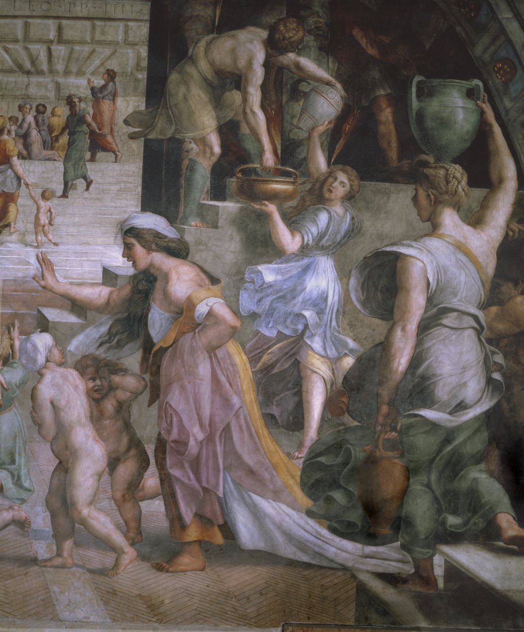 Detalhe do incêndio na aldeia, quarto do incêndio de Borgo, 1514 de Raffaello Sanzio Raphael