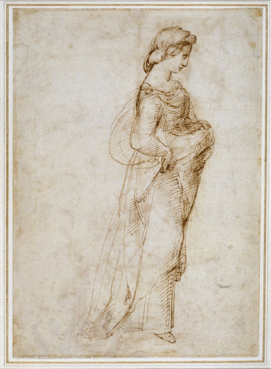 Figura feminina caminhando para a direita (caneta e tinta marrom em papel branco) de Raffaello Sanzio Raphael