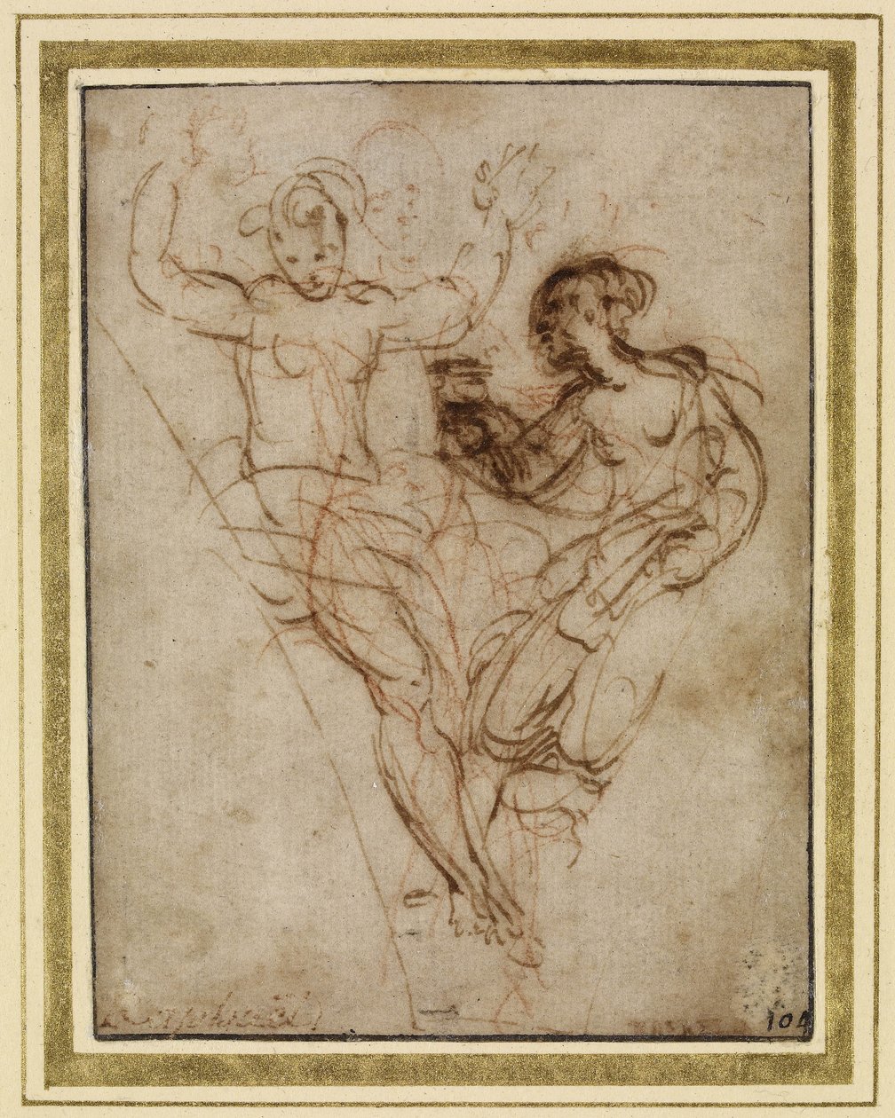 Psique apresentando a Vênus o vaso de Proserpina (caneta e tinta marrom sobre giz vermelho sobre papel acastanhado) de Raffaello Sanzio Raphael