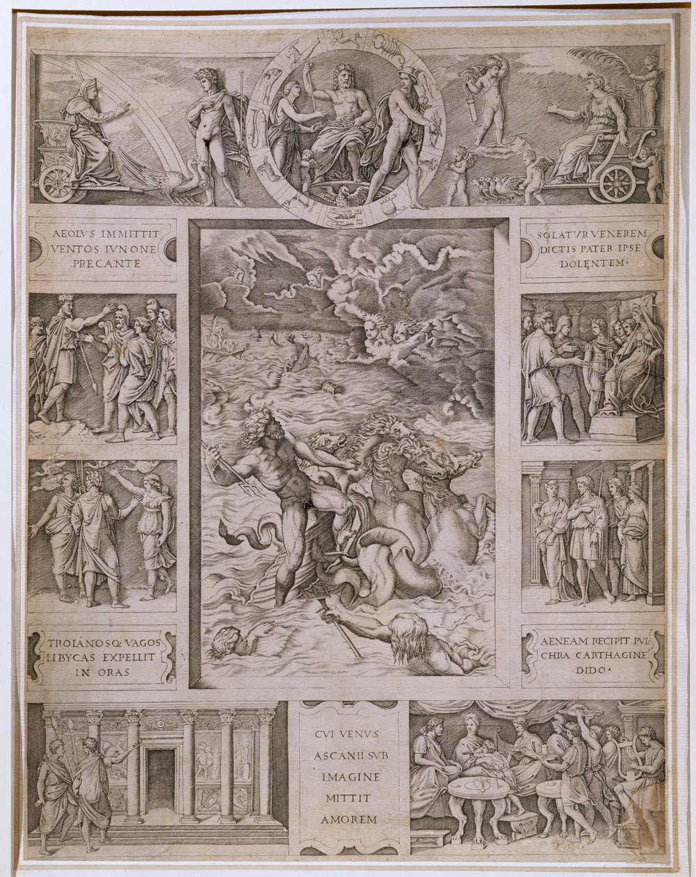Quos Ego, Netuno Acalmando a Tempestade, com as bordas mostrando outras cenas da "Eneida" de Virgílio, gravada por Marcantonio Raimondi (1480-1534) c.1515-16 de Raffaello Sanzio Raphael