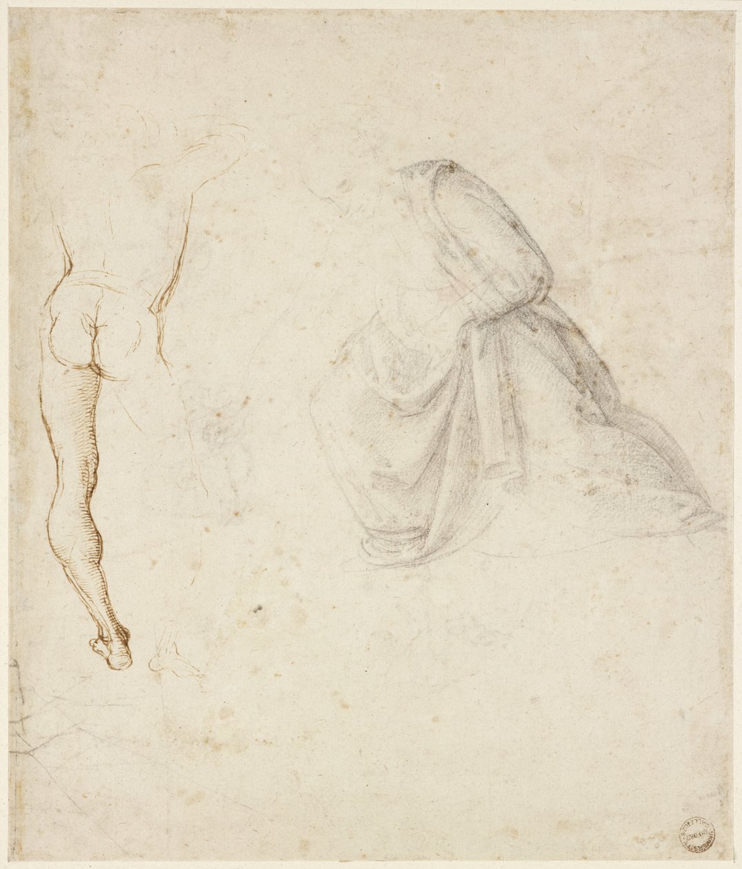 Recto: Vista traseira de um homem em pé, depois de Signorelli; a cortina de uma figura ajoelhada, WA1846.145 de Raffaello Sanzio Raphael