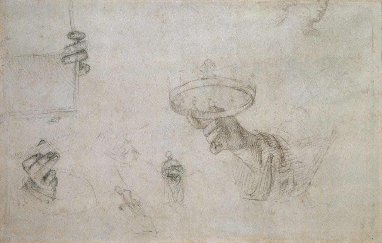 Recto: Mão segurando uma coroa e outros estudos para a coroação de São Nicolau de Tolentino, WA1846.148 de Raffaello Sanzio Raphael