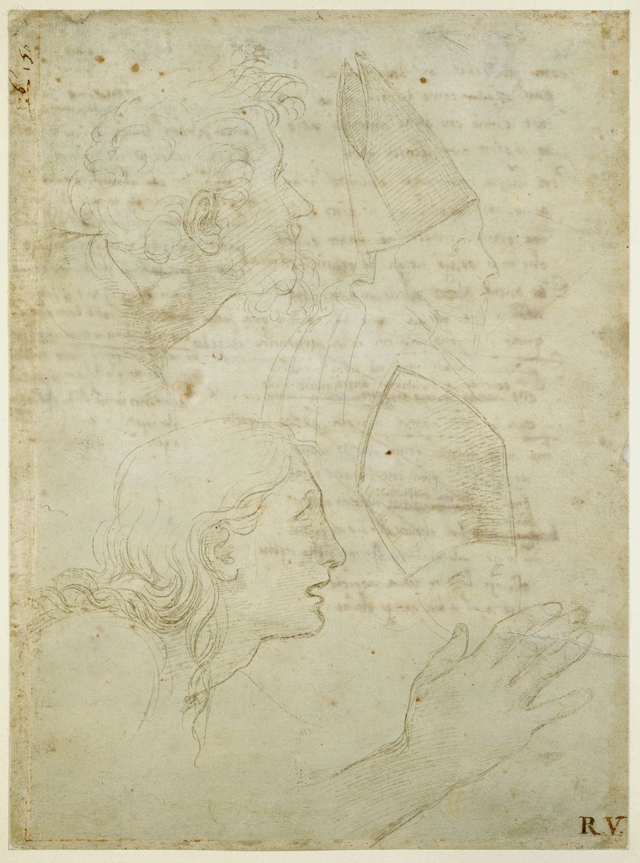 Recto: Estudos de uma cabeça e uma mão. Verso: rascunho dos sonetos "Venha não dir podde" e "Amor tu m" envesscati ", WA1846.187 de Raffaello Sanzio Raphael