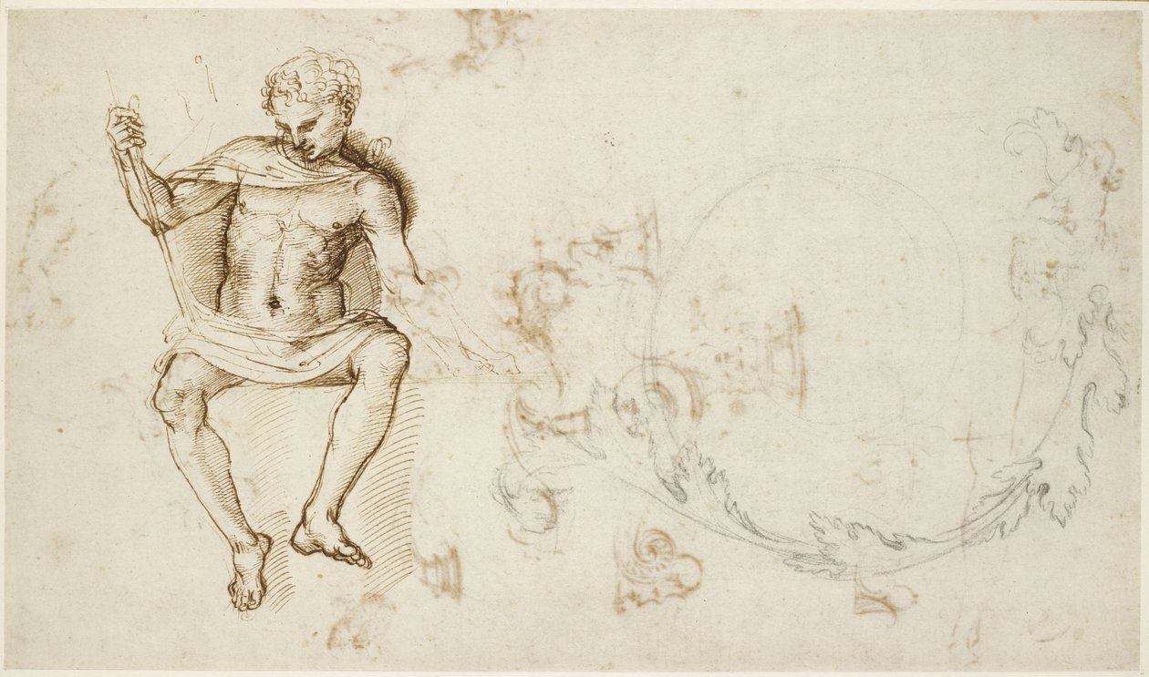Recto: Estudos de um homem sentado e de folhagem de acanto, WA1846.147 de Raffaello Sanzio Raphael