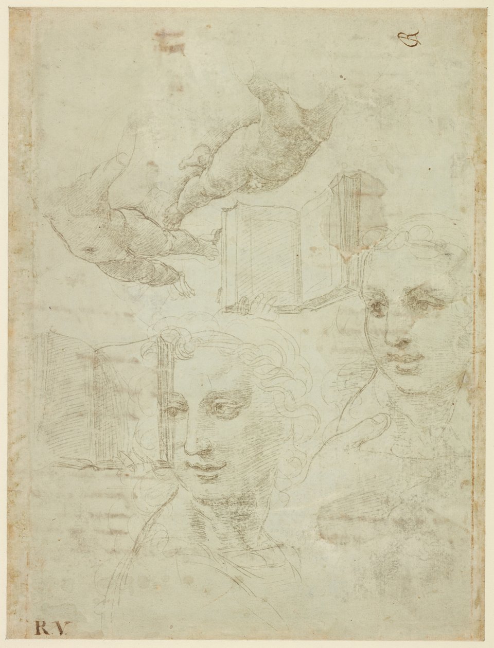 Recto: Duas cabeças e outros estudos. Verso: rascunho do Soneto "Venha não dir podde", WA1846.188 de Raffaello Sanzio Raphael