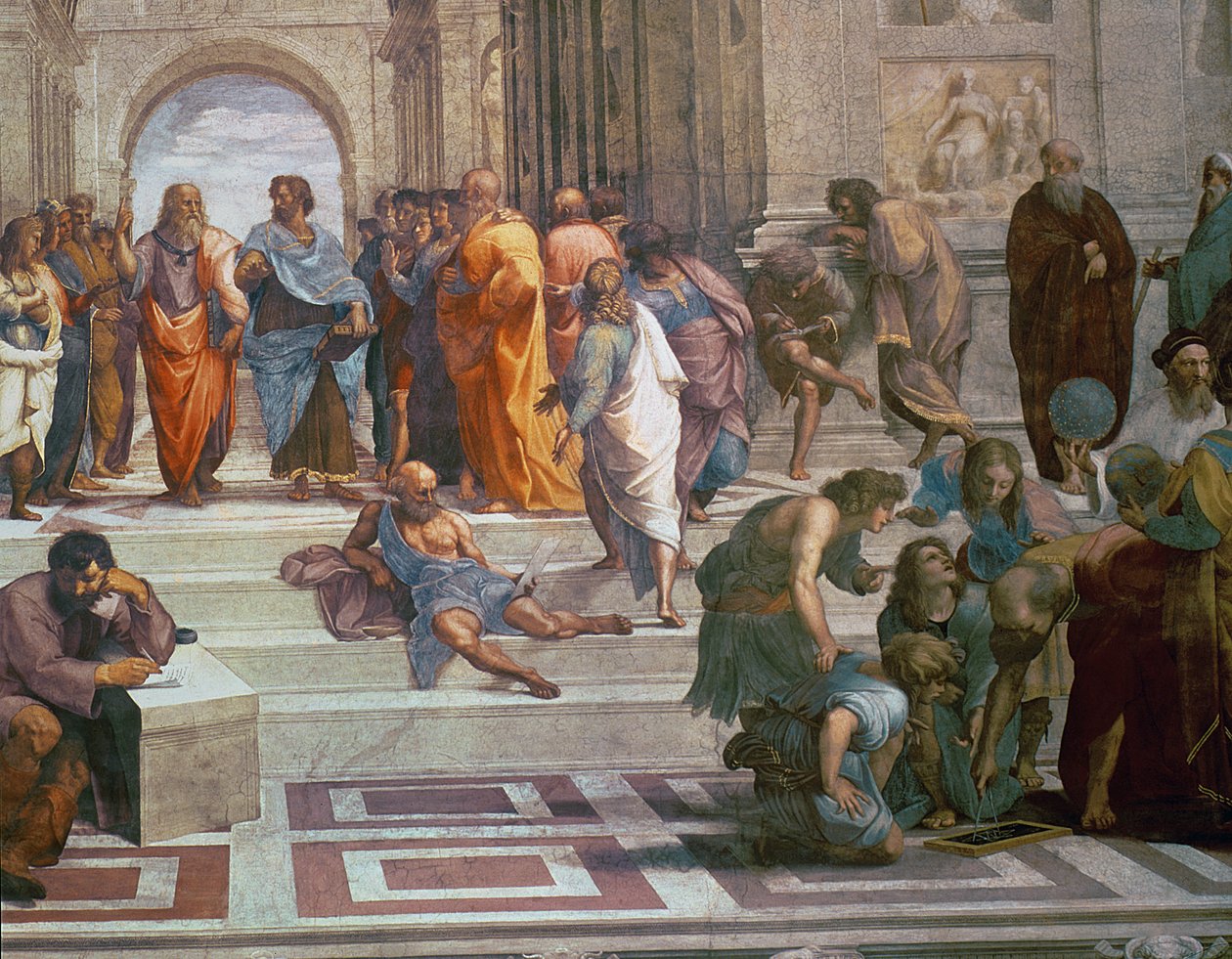 Escola, de, atenas, detalhe, de, direita, lado, mostrando, diógenes, ligado, a, passos, e, euclid, 1510-11, afresco, detalhe, de, 472 de Raffaello Sanzio Raphael