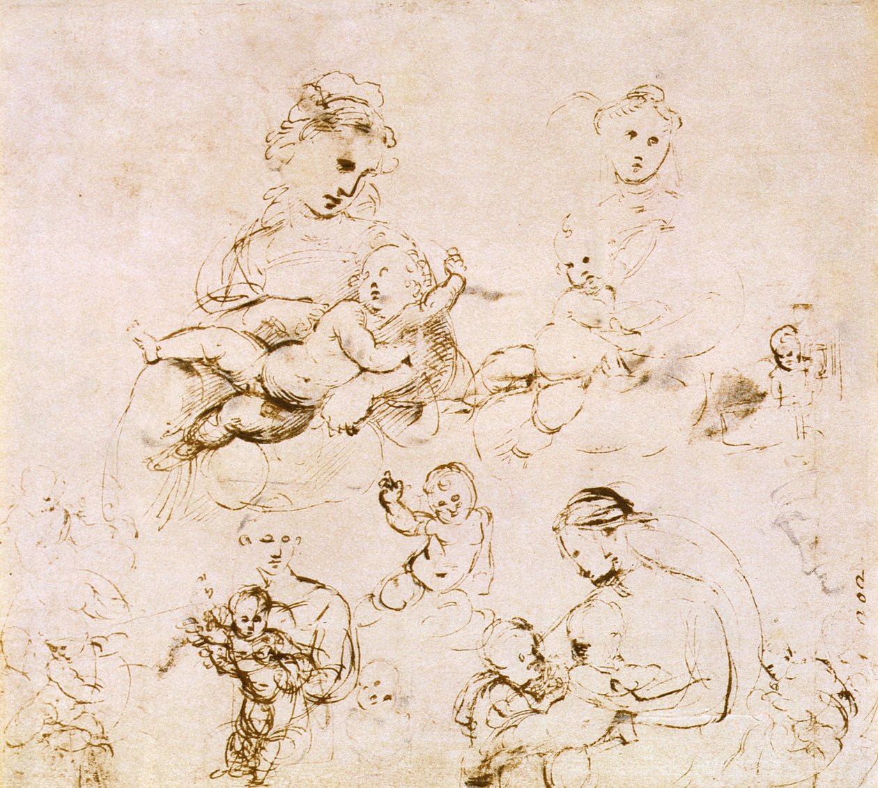 Vários estudos de uma Madonna e Child (caneta e tinta) de Raffaello Sanzio Raphael