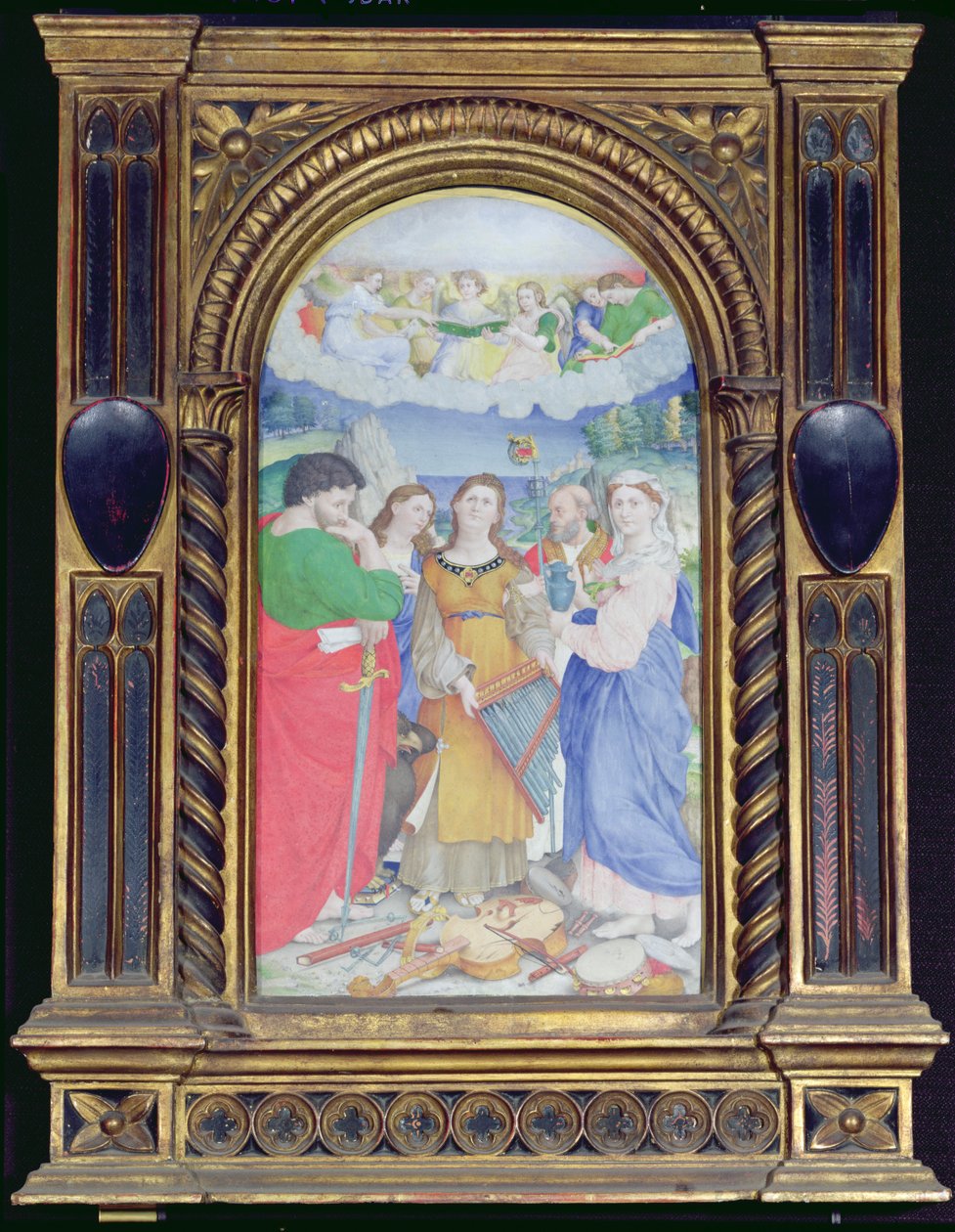 São Cecília cercada por São Paulo, São João Evangelista, Santo Agostinho e Maria Madalena, (guache sobre velino) (ver 182507 e 228955) de Raffaello Sanzio Raphael