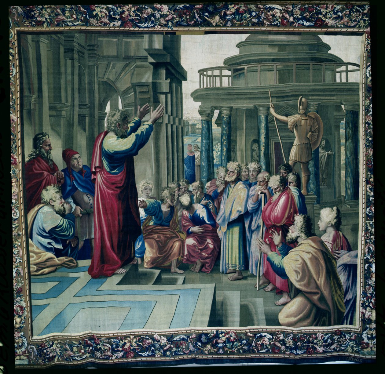 São Paulo Pregando no Areópago, de uma série que descreve os Atos dos Apóstolos, tecidos na Oficina de Beauvais sob a direção de Philippe Behagle (1641-1705) 1695-98 (tapeçaria de lã) de Raffaello Sanzio Raphael
