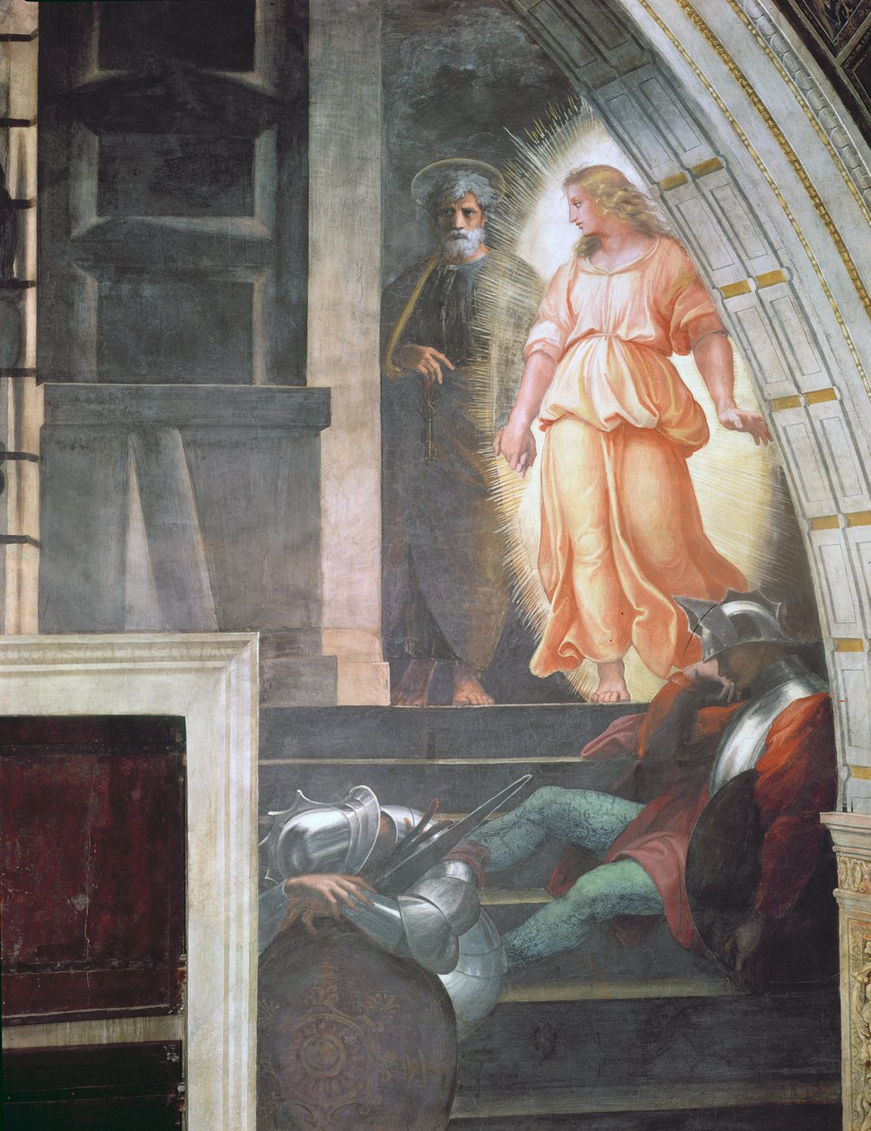 São Pedro foge com o anjo, de "A libertação de São Pedro" na Stanza d&39;Eliodoro, 1512-14 (detalhe) (ver 135637-8) de Raffaello Sanzio Raphael