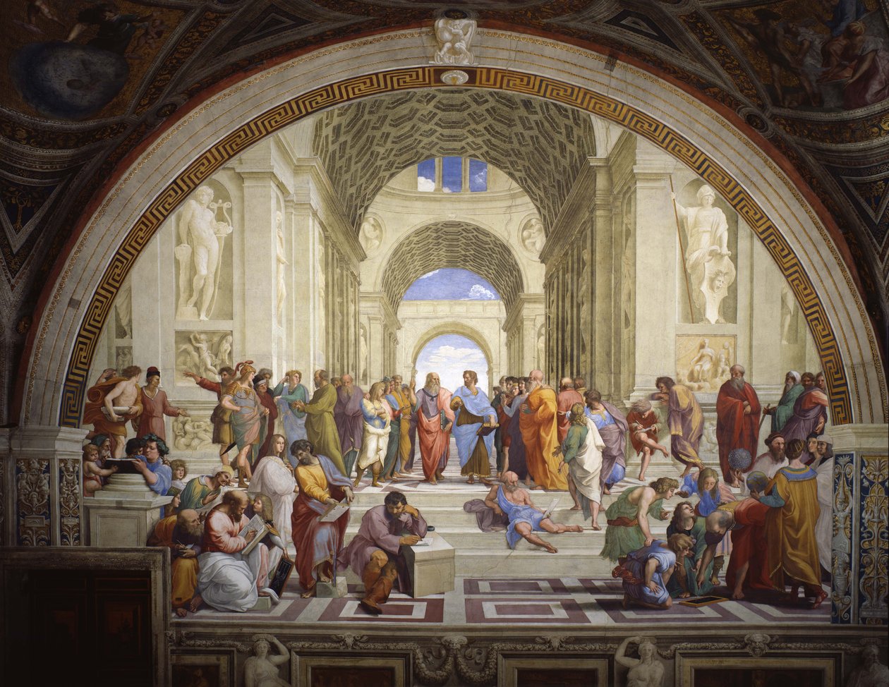 Stanza della Segnatura no Vaticano para o Papa Júlio II, parede afresco de Raffaello Sanzio Raphael
