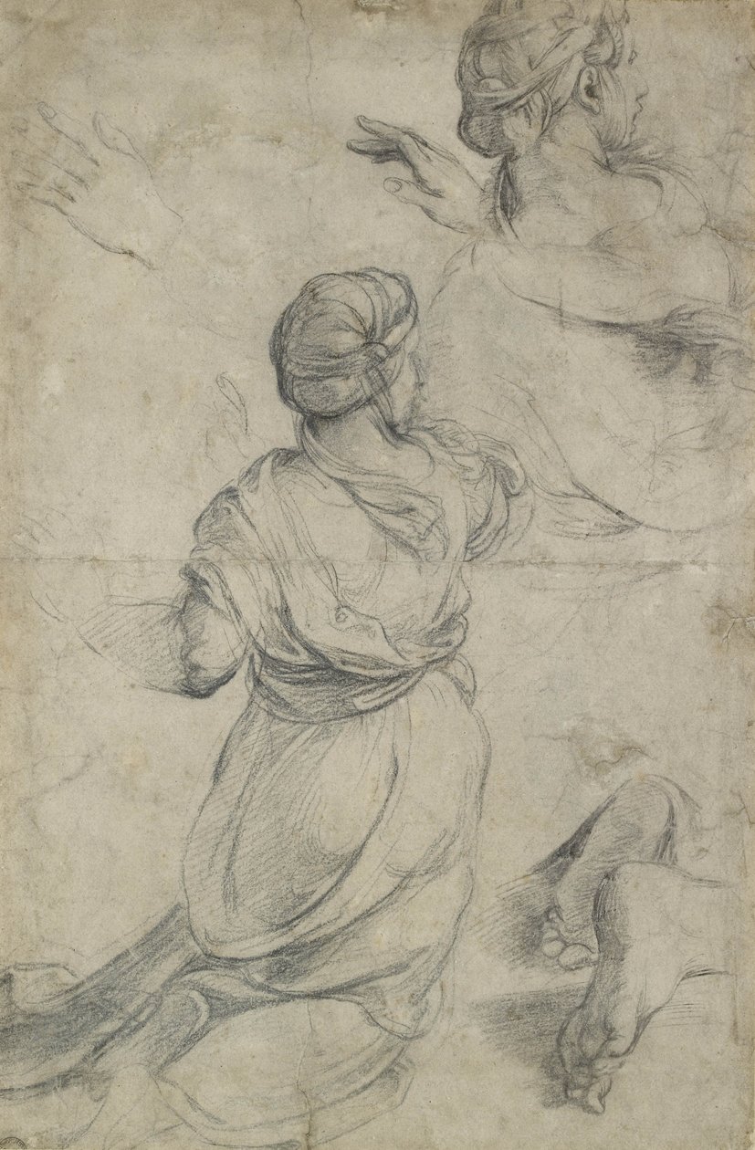 Estudos para duas mulheres ajoelhadas (giz preto) de Raffaello Sanzio Raphael