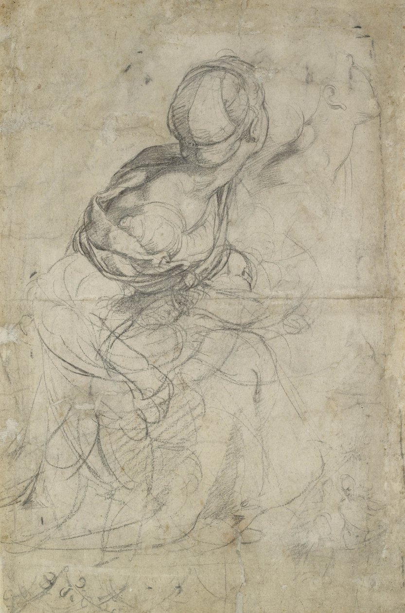 Estudos para duas mulheres ajoelhadas (giz preto) de Raffaello Sanzio Raphael