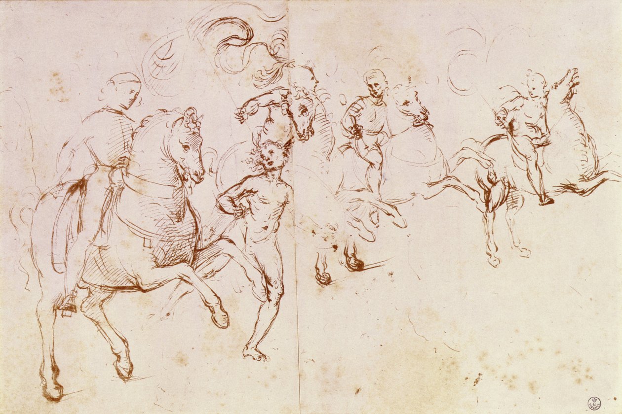 Estudo de quatro cavaleiros e um nu masculino para um &39;Sacre Conversazione&39; (caneta e tinta) de Raffaello Sanzio Raphael