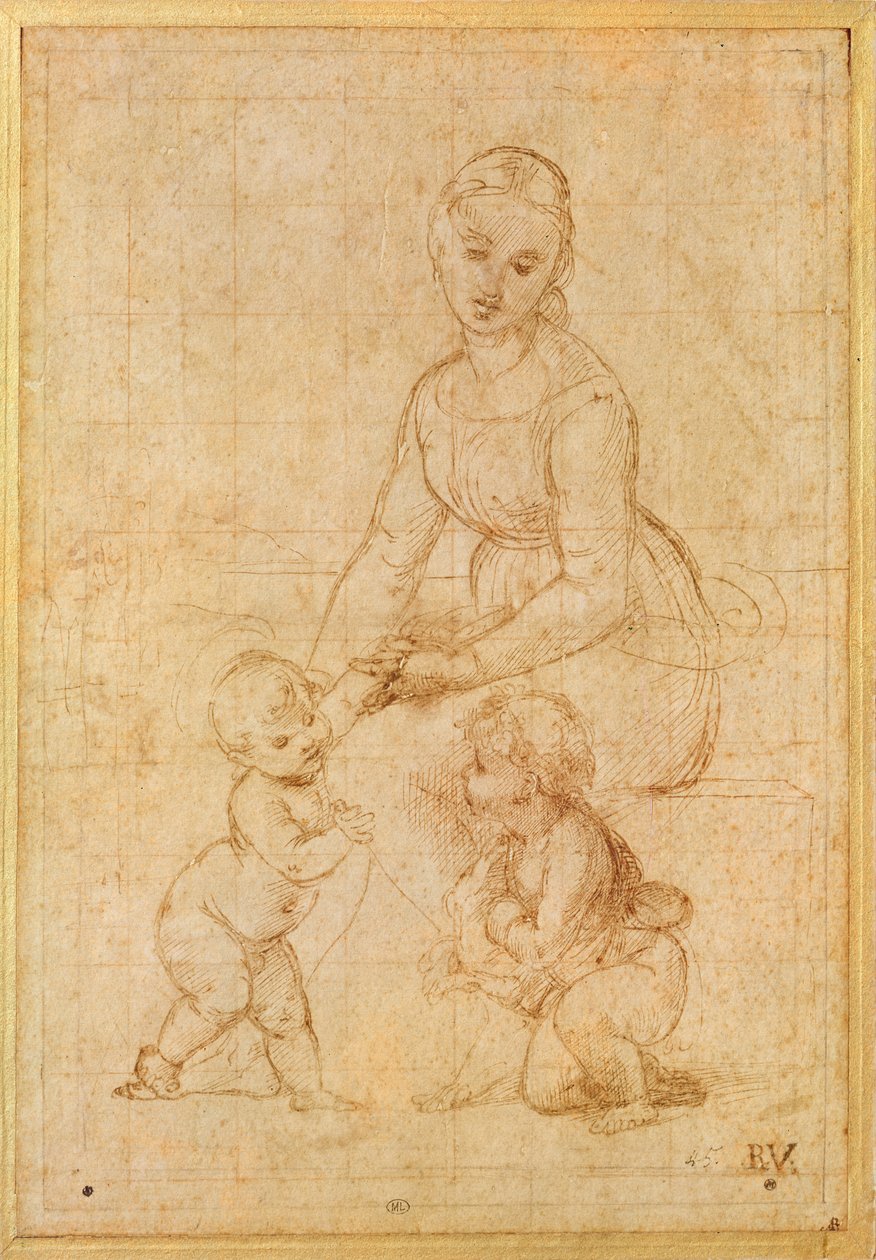 Estudo da Virgem para &39;La Belle Jardini ère&39; ou Madonna e Criança com São João Batista (tinta sobre papel) de Raffaello Sanzio Raphael