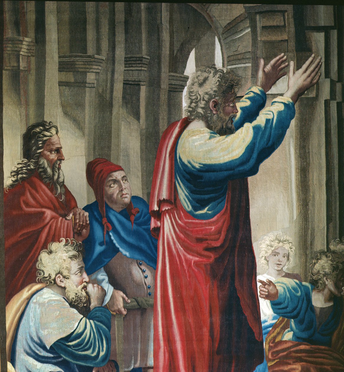 Tapeçaria representando os Atos dos Apóstolos, São Paulo pregando ao detalhe do Areópago de São Paulo, tecido na Oficina de Beauvais sob a direção de Philippe Behagle 1641-1705, 1695-98 lã de Raffaello Sanzio Raphael