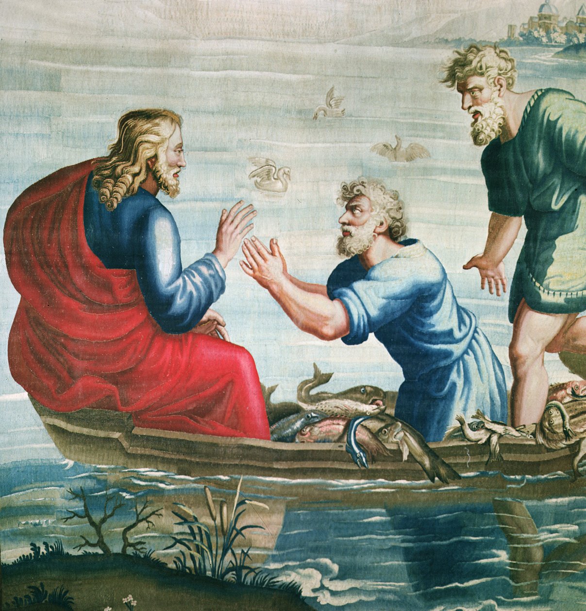 Tapeçaria representando os Atos dos Apóstolos, A captura milagrosa de Peixe detalhe de Cristo e São Pedro ajoelhado, tecido na Oficina de Beauvais, sob a direção de Philippe Behagle 1641-1705, 1 de Raffaello Sanzio Raphael