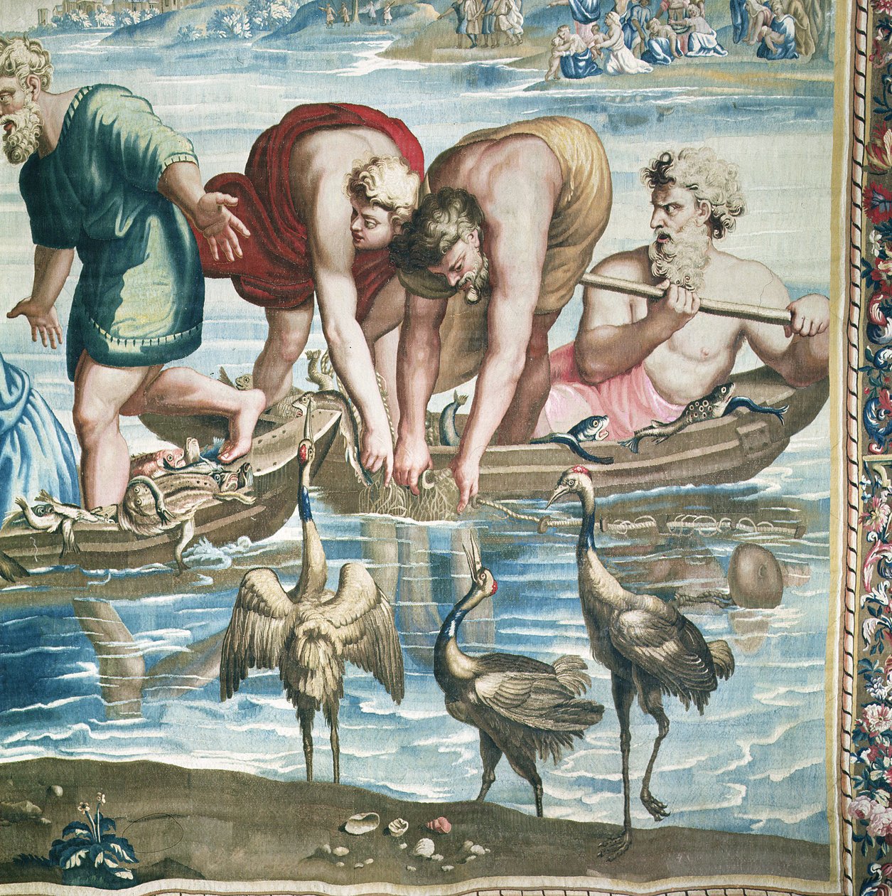 Tapeçaria representando os Atos dos Apóstolos, A captura milagrosa dos peixes Detalhe dos pescadores instalando suas redes, tecidas na Oficina de Beauvais sob a direção de Philippe Behagle 1641-1705 de Raffaello Sanzio Raphael