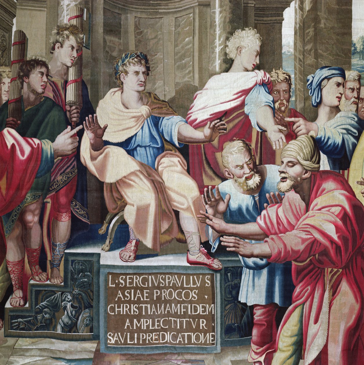 Tapeçaria representando os Atos dos Apóstolos, o Cegamento de Elymas, detalhe de Elymas, o Feiticeiro, cegado e o Procônsul Sérgio Paulo, tecido na Oficina de Beauvais, sob a direção de P de Raffaello Sanzio Raphael