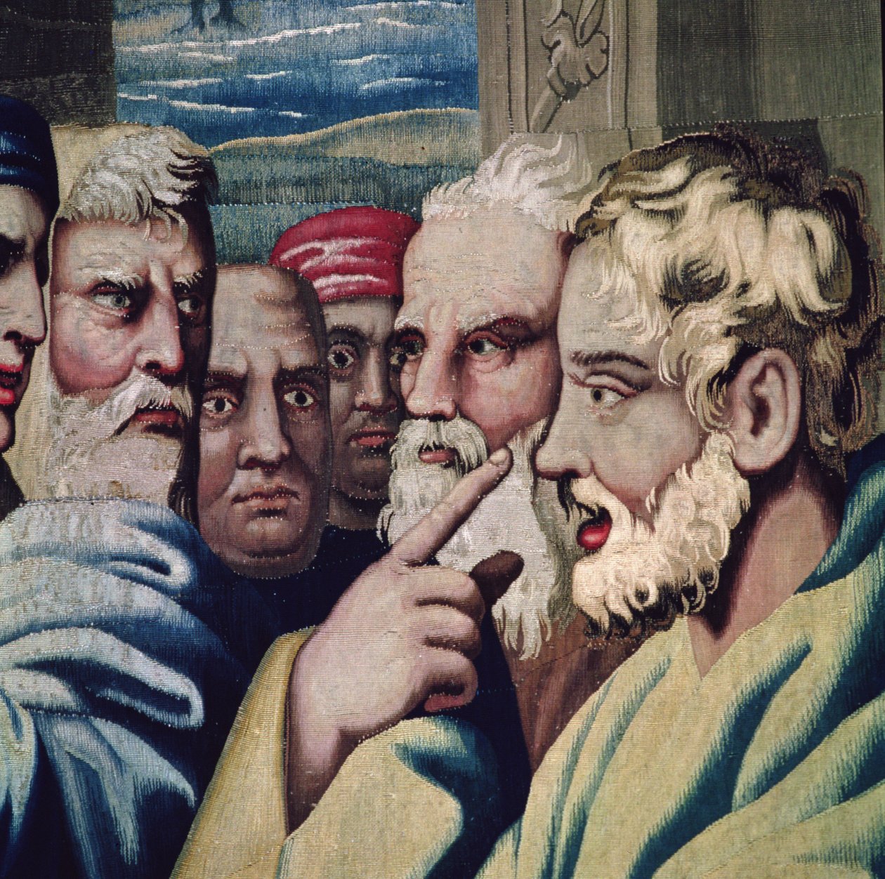 Tapeçaria representando os Atos dos Apóstolos, o cegamento de Elymas detalhe de espectadores espantados, tecido na oficina de Beauvais sob a direção de Philippe Behagle 1641-1705, fita de lã 1695-98 de Raffaello Sanzio Raphael