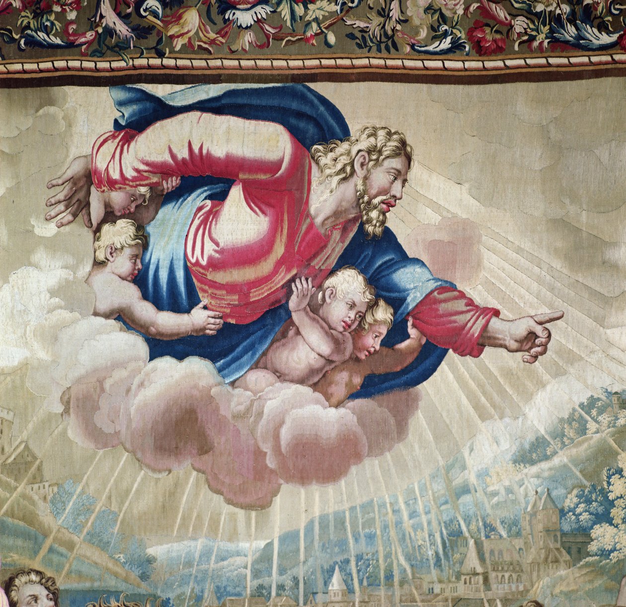 Tapeçaria representando os Atos dos Apóstolos, a Conversão São Paulo detalhe da aparição de Cristo em uma nuvem cercada por anjos, tecida na Oficina de Beauvais sob a direção de Filipe de Raffaello Sanzio Raphael