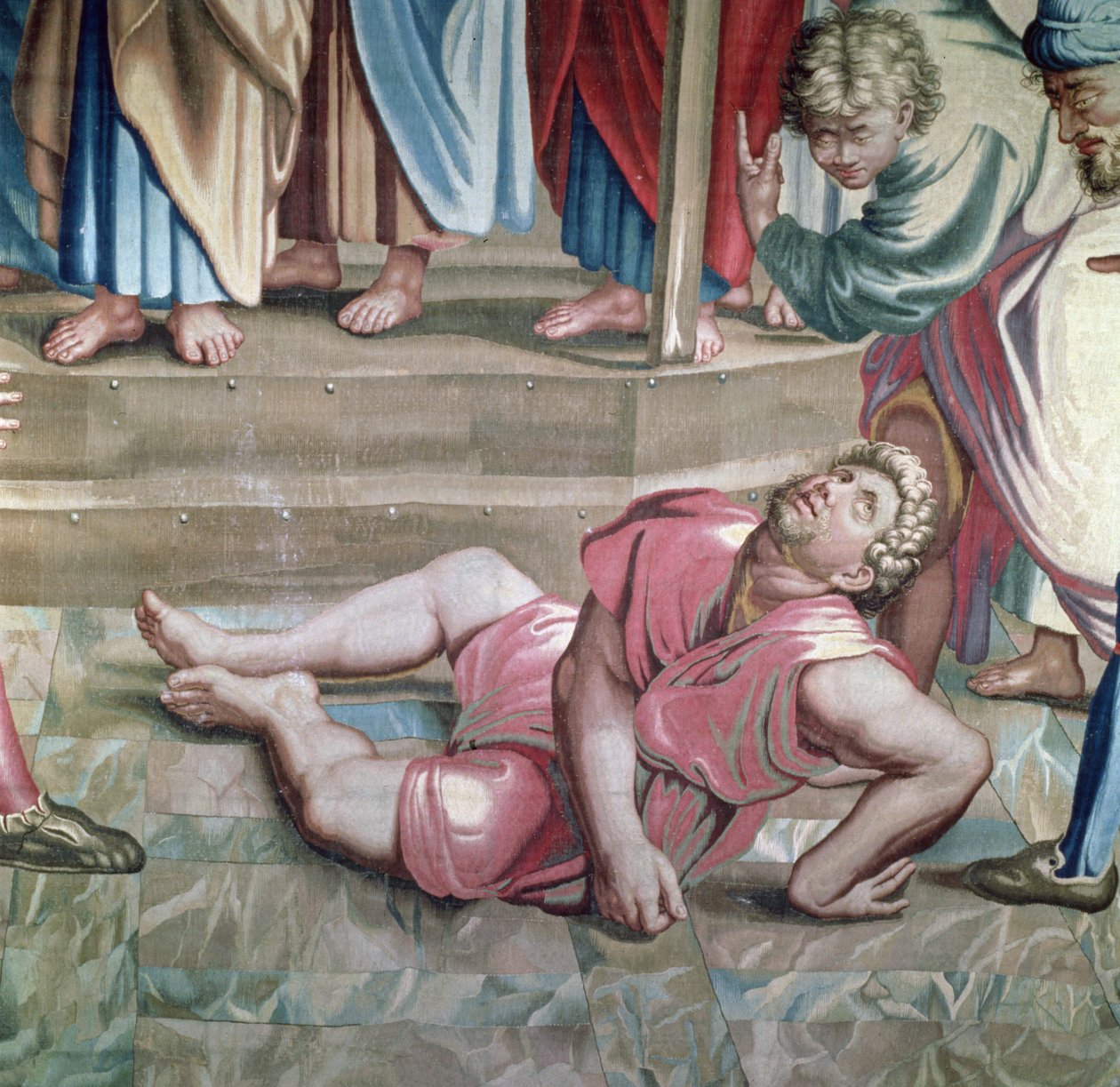 Tapeçaria representando os Atos dos Apóstolos, a morte de Ananias detalhe de Ananias morrendo, tecido na Oficina de Beauvais sob a direção de Philippe Behagle 1641-1705, 1695-98 tapeçaria de lã de Raffaello Sanzio Raphael