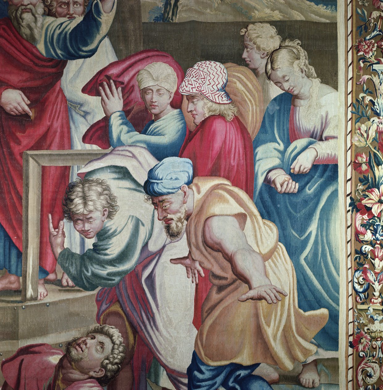 Tapeçaria representando os Atos dos Apóstolos, a morte de Ananias detalhe de um grupo de espectadores agarrados com medo, tecidos na Oficina de Beauvais sob a direção de Philippe Behagle 1641-1705, de Raffaello Sanzio Raphael