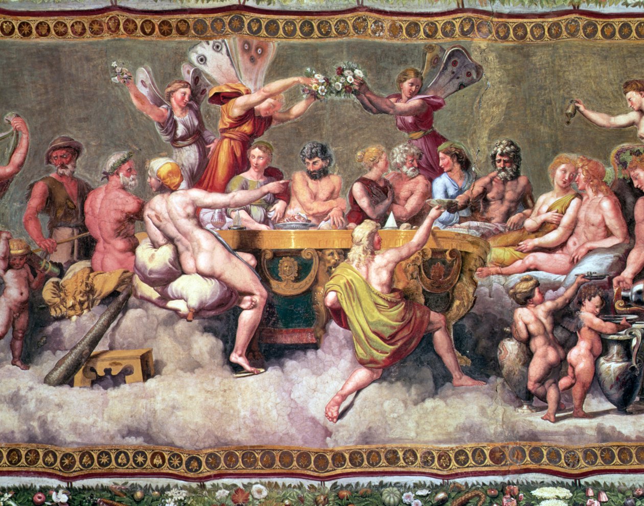 O banquete dos deuses, pintura do teto do namoro e casamento de detalhe do fresco de Cupido e Psique de 57688 de Raffaello Sanzio Raphael