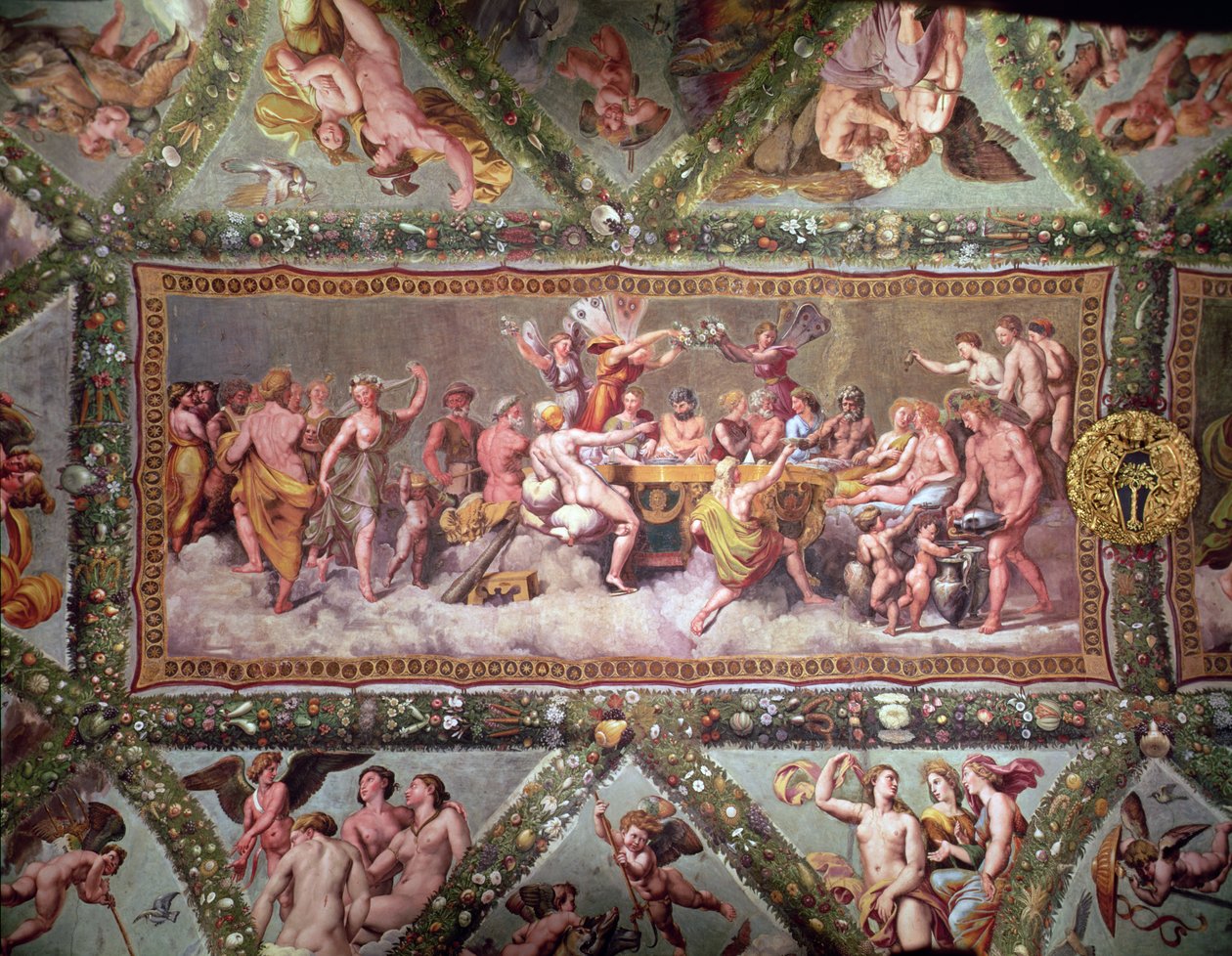 O banquete dos deuses, pintura de teto do namoro e casamento de Cupido e Psique de Raffaello Sanzio Raphael