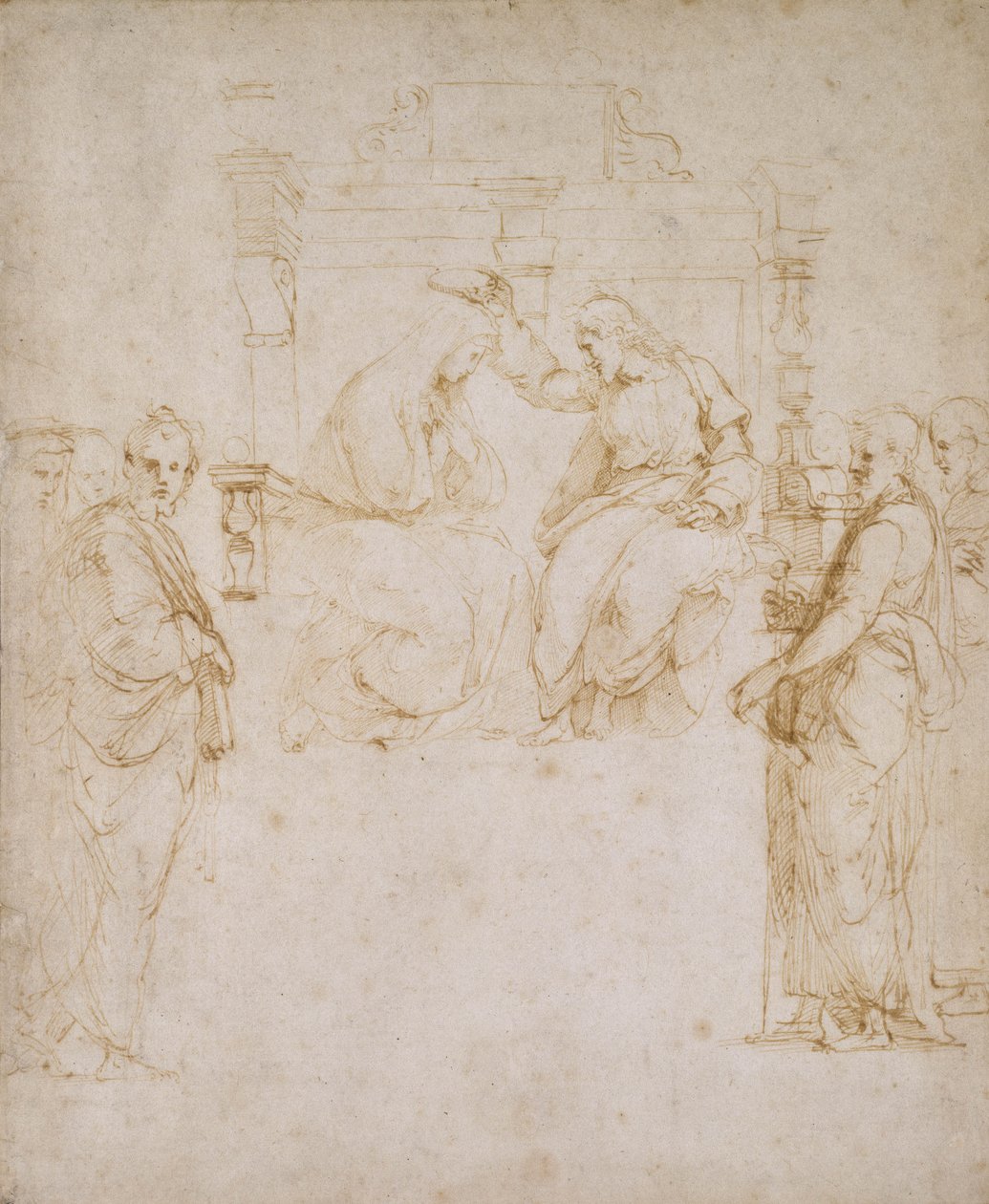 A Coroação da Virgem (caneta e tinta marrom sobre papel branco) de Raffaello Sanzio Raphael