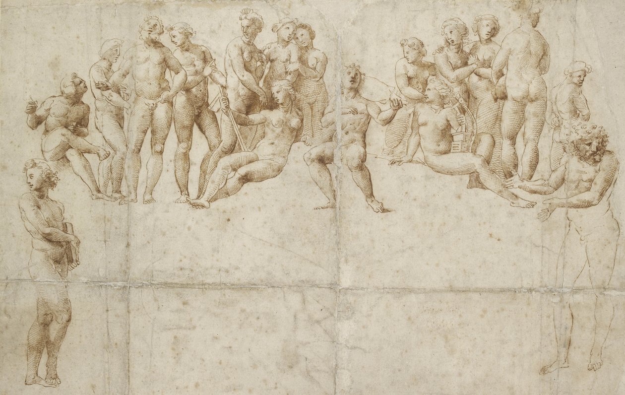 O Parnassus, copie após Raphael (caneta e tinta marrom sobre giz preto sobre papel branco) de Raffaello Sanzio Raphael