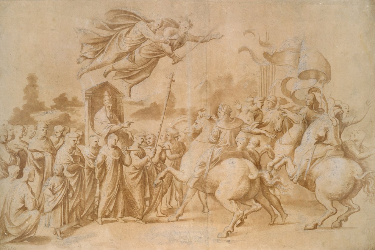A repulsa de Átila (lavagem marrom aumentada com guache sobre papel) de Raffaello Sanzio Raphael
