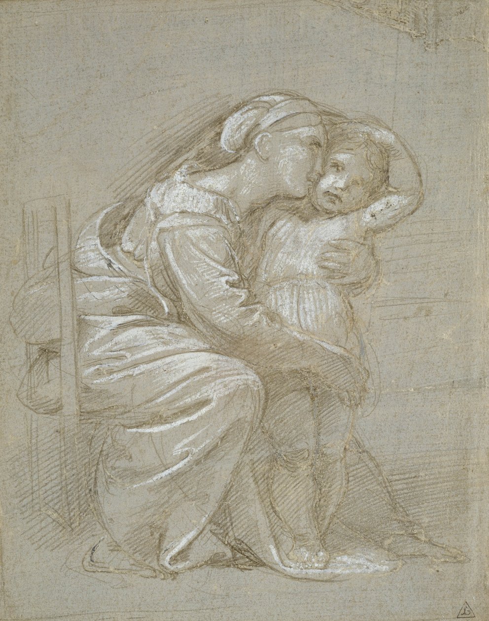 A Virgem e o Menino (silverpoint, aumentado com bodycolour branco em uma preparação cinza ardósia) de Raffaello Sanzio Raphael