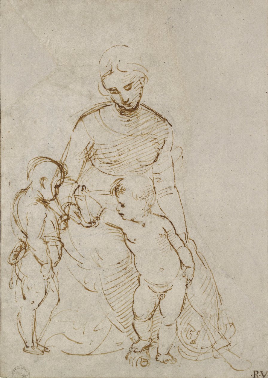 A Virgem e o Menino com São João (caneta e tinta marrom sobre papel branco) de Raffaello Sanzio Raphael