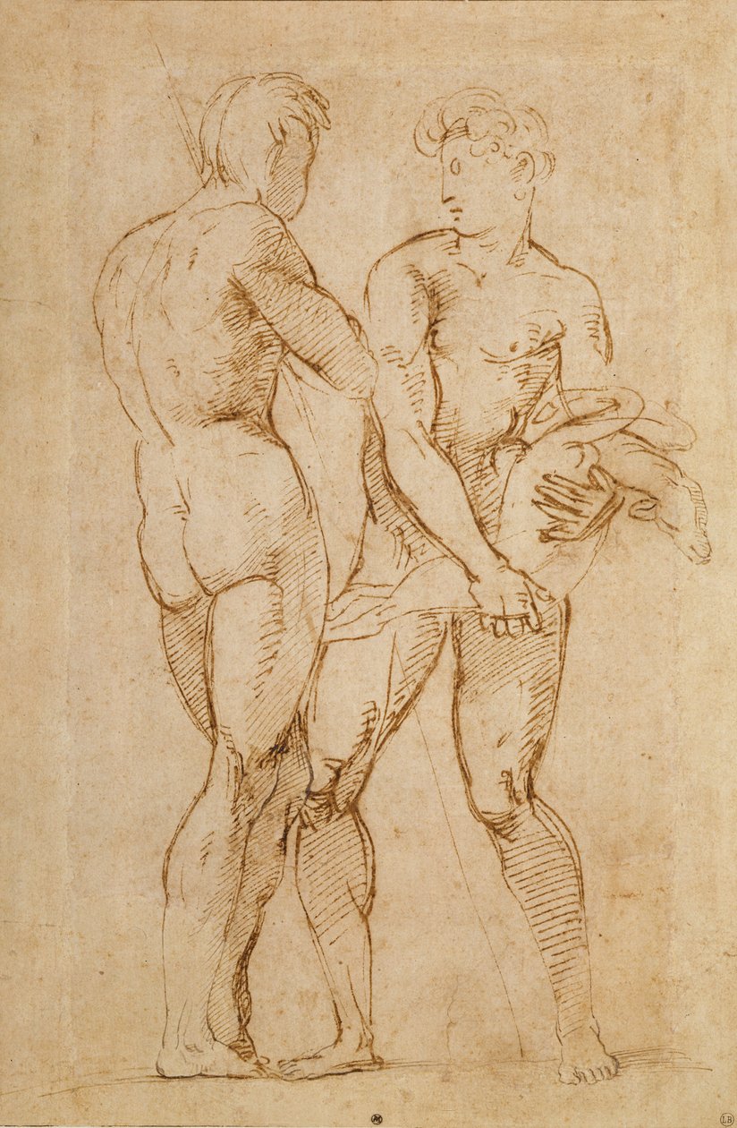 Dois homens nus em pé, um segurando um cordeiro de Raffaello Sanzio Raphael